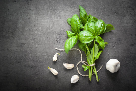 Basil leaves and garlic