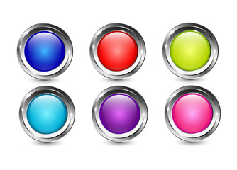 Multi color glossy buttons with metallic chrome shine frame, vector illustration