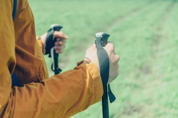 Naklejka premium Hands with trekking poles