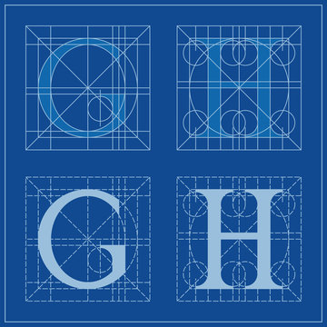 Designing Initials, letters G and H, blueprint.