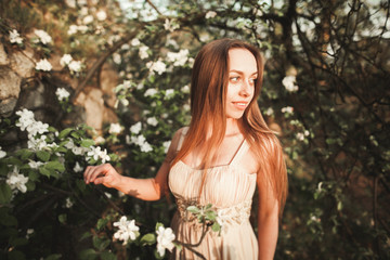 Young beautiful girl in a long dress and wreath of flowers near garden lilac bush