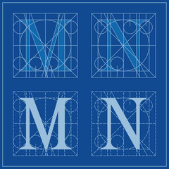 Designing Initials, letters M and N, blueprint.