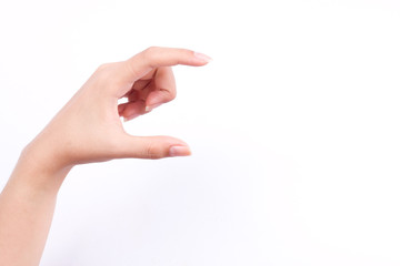 finger hand symbols isolated concept woman hand holding a futuristic business card or camera or mobile phone on white background