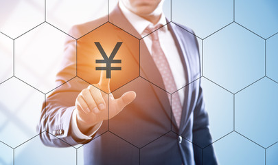 businessman pressing button on virtual screens