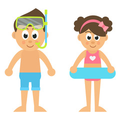 cartoon girl and boy at the sea set