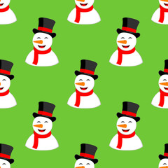 Icono plano patrón con hombre de nieve sonriendo sobre fondo verde