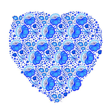 Heart in floral ornament in Gzhel style. Russian folklore