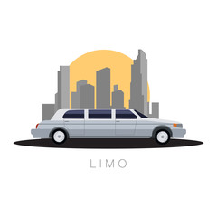 Flat design vector illustration  Transportation, limousine on sity background, side view. 