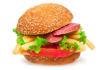 Italian burger with pepperoni, cheese and tomato. Isolated on white background. Sandwich with sausage, cheese and vegetables.