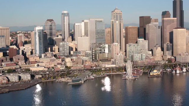 Aerial Seattle Downtown Waterfront Skyline Cityscape Skyscapers and Piers