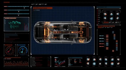 Automobile Technology. Drive shaft system, Engine, interior seat. X-ray Top view. in digital display panel. user interface.