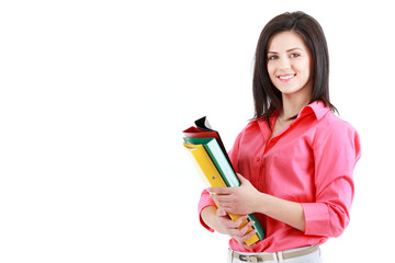 businesswoman  with colorful folders isolated on white backgroun