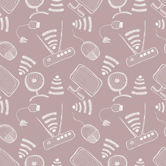Seamless vector pattern with hand drawn monitor, pc mouse, wifi router and usb cable on the beige background. Series of Technology, Cartoon, Doodle, Sketch and Hand drawn Seamless Patterns.