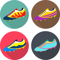 Flat icons of football boots. Stylish footwear for soccer players. Vector illustration of sport shoes.