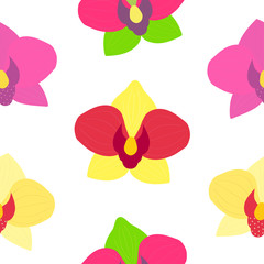Floral seamless pattern of orchids. Repeating background of blooming flowers. Decorative endless texture.