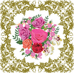 pink rose decoration in gold ornament square