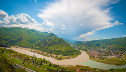 Fototapeta na wymiar Panoramic view of the Caucasus mountains in Georgia