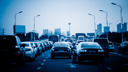 traffic jam on highway,shanghai china.blue toned image.