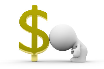 human 3d person leaning on a huge golden sign