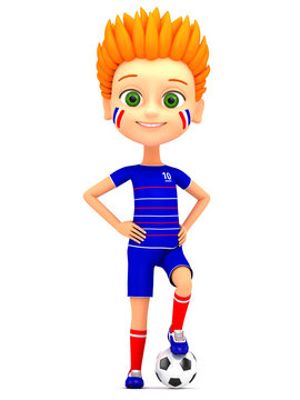 Boy soccer player with ball on white background. 3d render illus