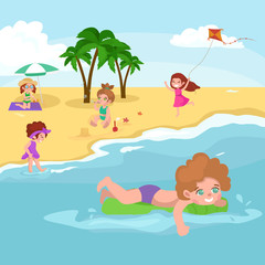 Fun at beach. Happy kids plaing sand around water