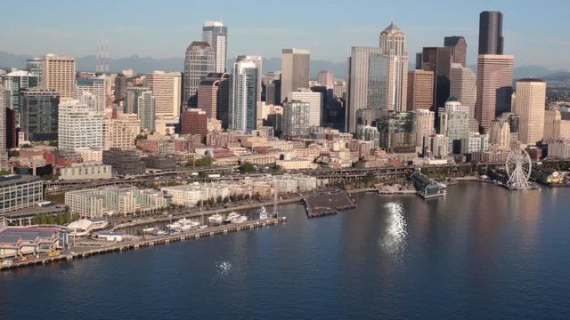 Aerial View Beautiful Seattle Downtown Waterfront Elliot Bay and Commercial District