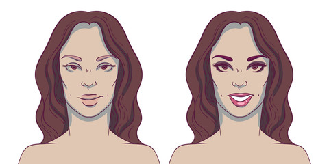 Portrait of a woman before and after with cosmetic defects.