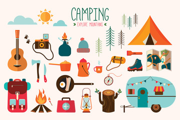 Camping equipment vector collection - obrazy, fototapety, plakaty