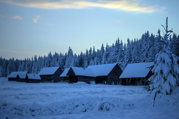 Old wooden houses in the winter forest. Village