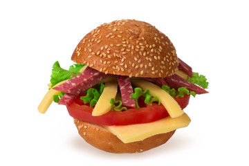 Italian burger with pepperoni, cheese and tomato. Isolated on white background. Sandwich with sausage, cheese and vegetables.