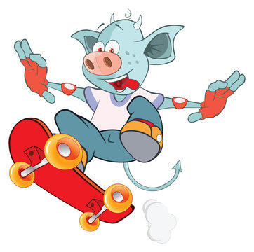 Illustration of a Cute Devil. Skateboarding. Cartoon Character