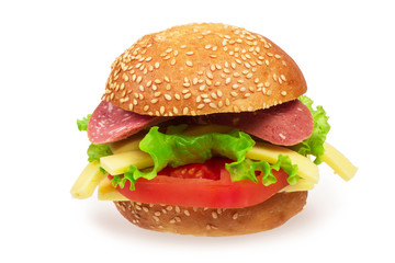 Italian burger with pepperoni, cheese and tomato. Isolated on white background. Sandwich with sausage, cheese and vegetables.