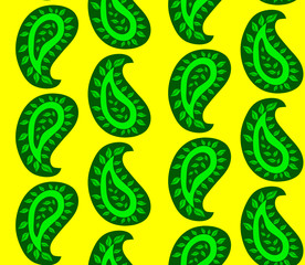 Vector Illustration. Seamless Pattern Green Leaves on yellow Background. Suitable for textile, fabric and packaging