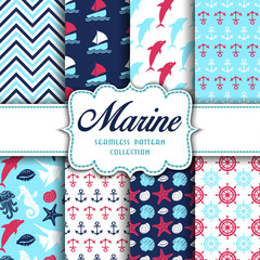 Big collection of seamless patterns with marine elements
