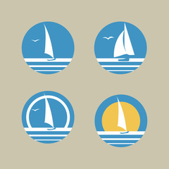 Sun and Boat in Ocean logo set. Sailboat and Sea icon set.