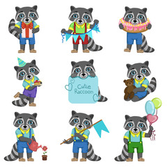 Cute Boy Raccoon Cartoon Set