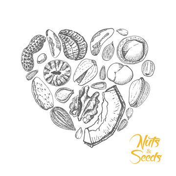 The isolated heart of nuts and seeds on white background