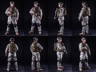collage,soldier with gun/collage,soldier in uniform with gun in  various poses on black background
