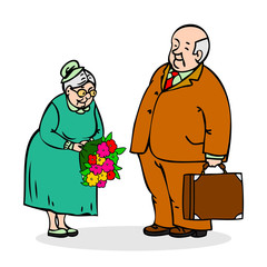 Happy elderly couple. Old man with a bouquet of flowers. Elderly