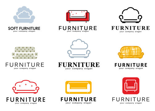 Set logo, emblem and logo elements for furniture store. Furniture logos, furniture icons, sofas, armchairs, soft furniture. Logo design in vector