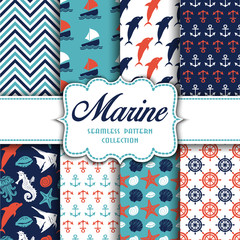 Big collection of seamless patterns with marine elements