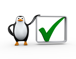 3d penguin with check tick mark