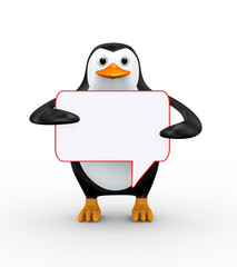 3d penguin holding empty bubble speech