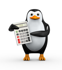 3d penguin pointing to calculator