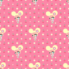 Cute pink pattern with little sweet girl. Lolita pattern. Baby pattern.