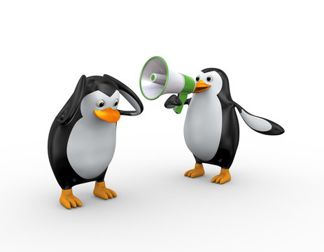 3d penguin megaphone shouting