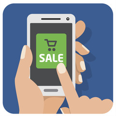 Vector flat illustration icon with the hand and mobile phone wit