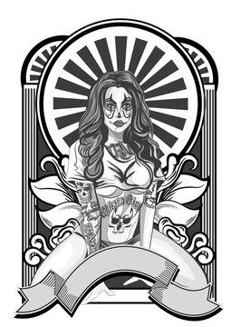 Vector illustration of a beautiful woman.Chicano tatoo style.