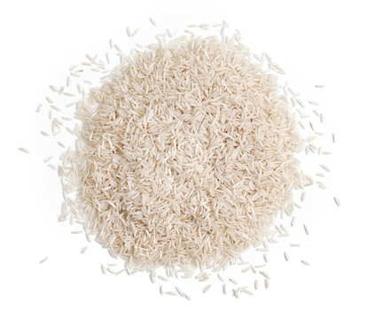Pile of white rice on white background. Close up, top view, high resolution product.