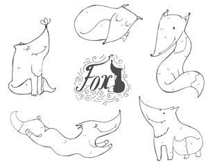 Black and white set of hand drawn cute foxes in different poses, sleeping, sitting, jumping, standing. Vector isolated on white illustration with lettering, good for character design or mascot